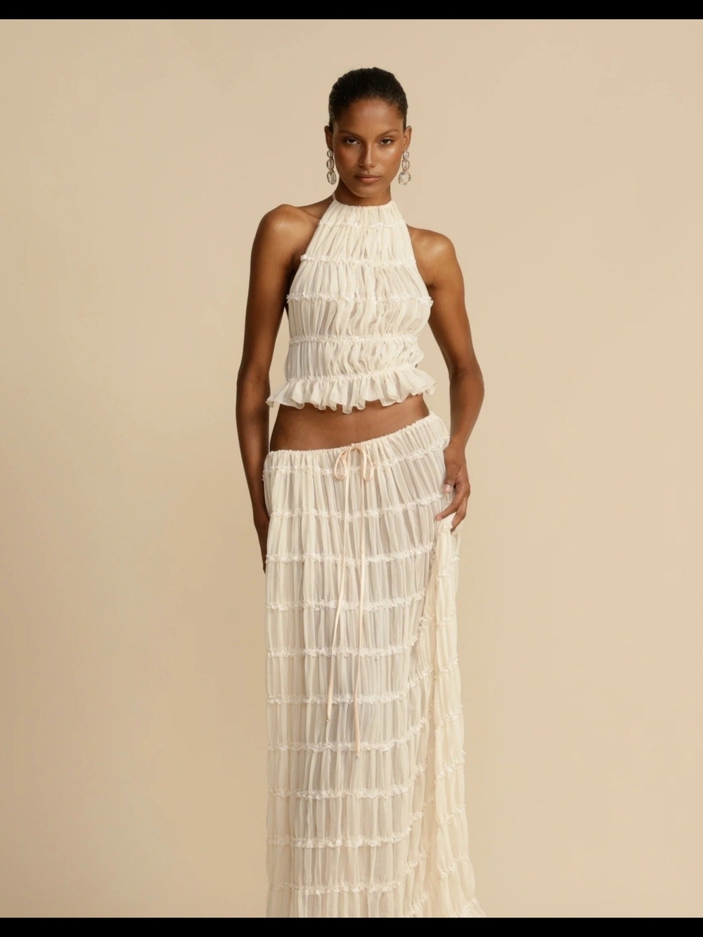 Anthropologie  Cream Textured Maxi Skirt Set.